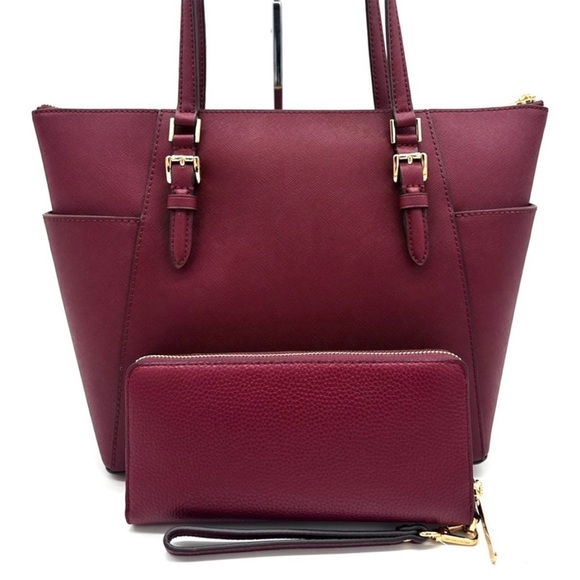 Michael Kors Large Charlotte TZ Tote Bag & Large Continental Wallet Dark Cherry - Picture 7 of 13